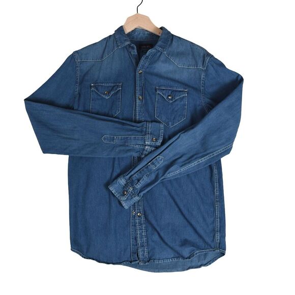 Zara Man Slim Fit Western Denim Shirt Size M Snap Front Long Sleeve Blue Cowboy - Picture 2 of 7
